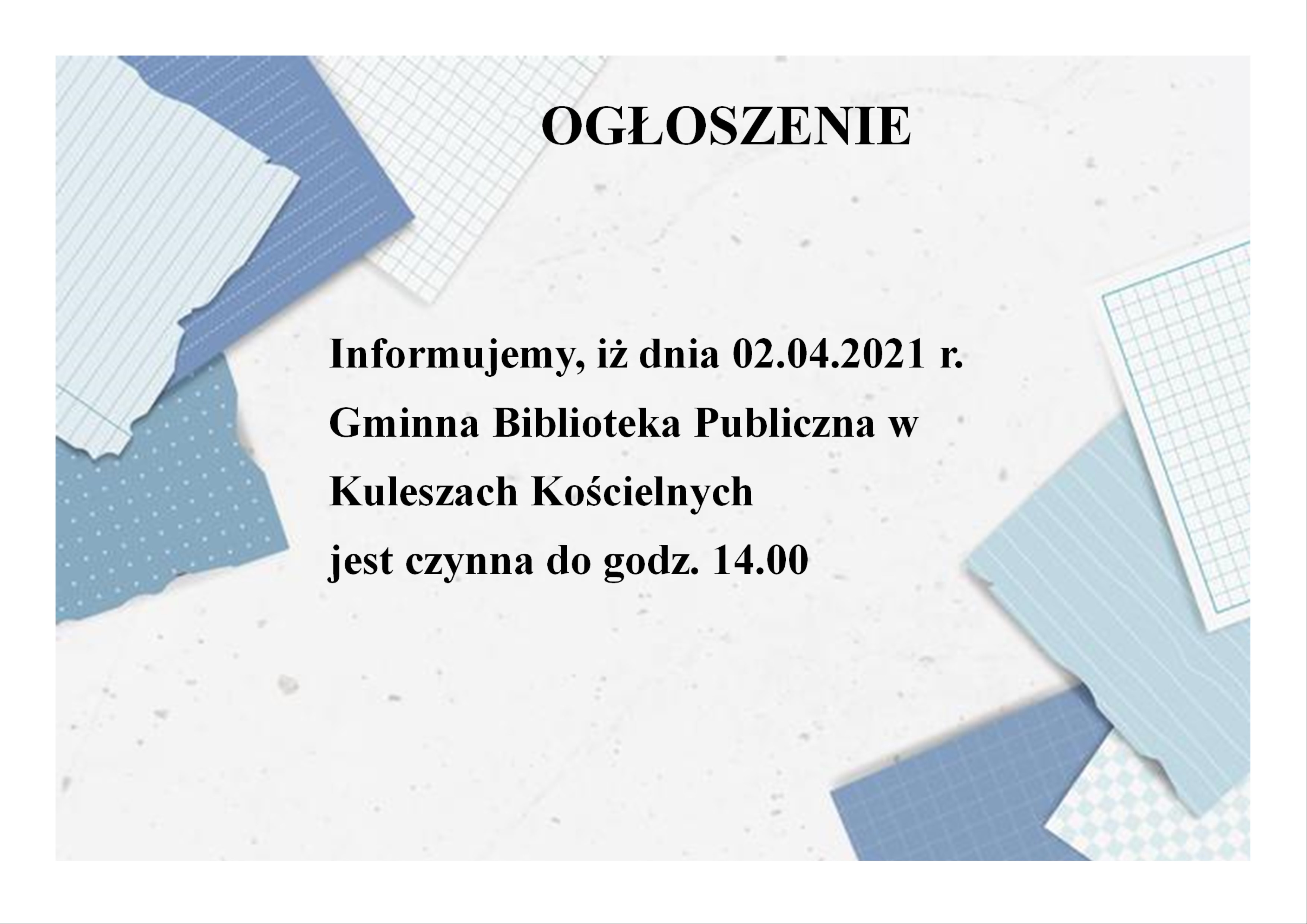 Godziny pracy Gminnej Biblioteki Publicznej dnia 02.04.2021 r