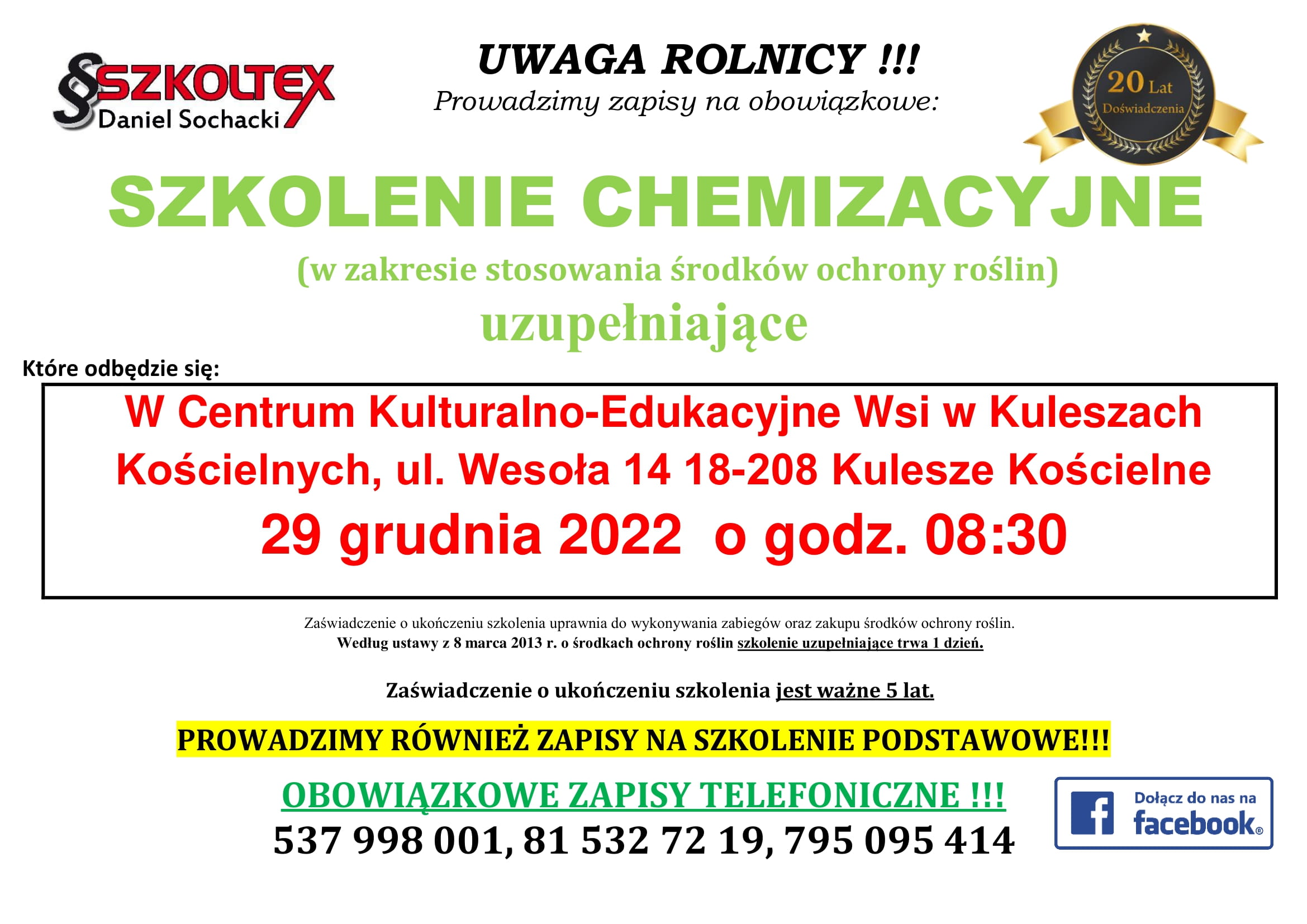 Szkolenie chemizacyjne (w zakresie stosowania środków ochrony roślin)