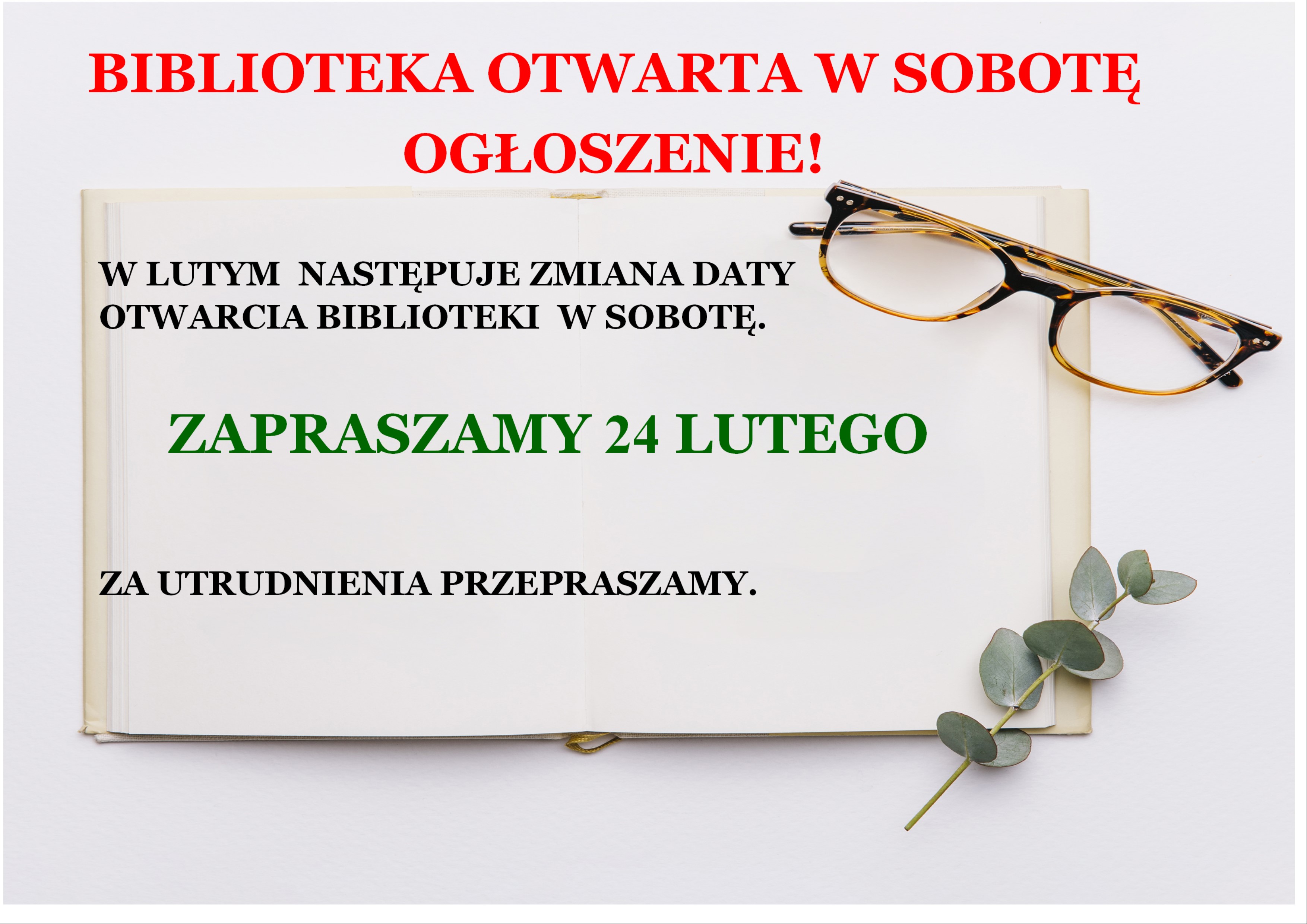 BIBLIOTEKA OTWARTA W SOBOTY - OGŁOSZENIE